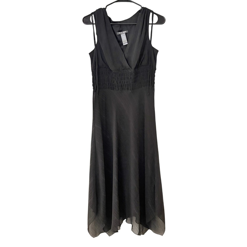 Bisou Bisou Black Metallic Pinstripe Smocked Waist Handkerchief Hem Dress SIZE 8